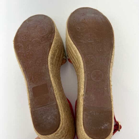 Tory Burch Platform Wedge Espadrilles Sandals Red Floral Open-Toe | Size: 8M - Picture 10 of 13